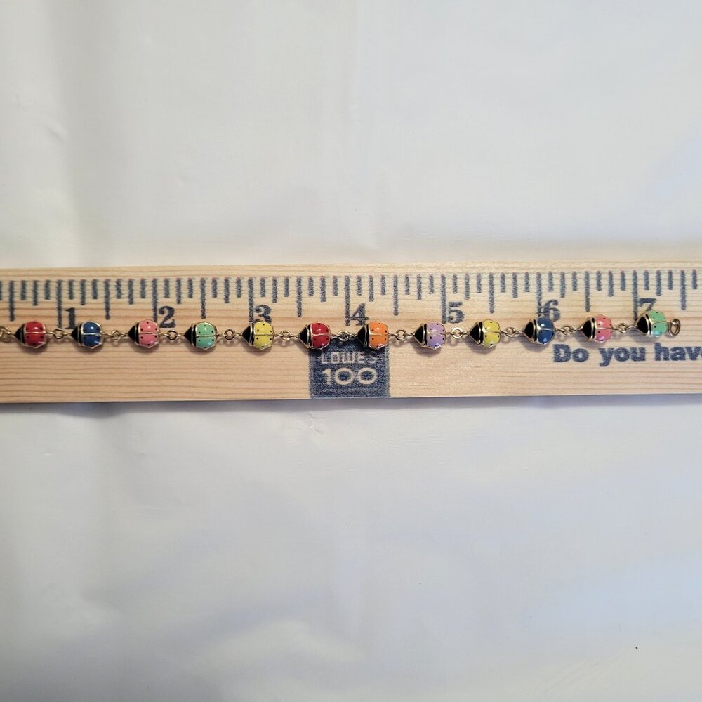 Lady Bug Multicolor Puffy Enamel Bracelet 10k Yellow Gold 3D - Picture 8 of 13